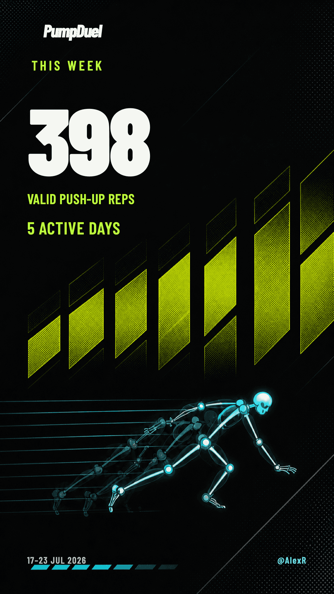 PumpDuel weekly stat card showing 398 valid push-up reps